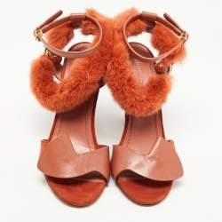 Pre Owned Cèline Orange Leather and Mink Fur Bracelet Peep Toe Sandals Size 38.5