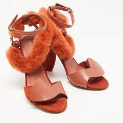 Pre Owned Cèline Orange Leather and Mink Fur Bracelet Peep Toe Sandals Size 38.5