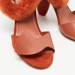 Pre Owned Cèline Orange Leather and Mink Fur Bracelet Peep Toe Sandals Size 38.5