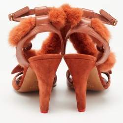 Pre Owned Cèline Orange Leather and Mink Fur Bracelet Peep Toe Sandals Size 38.5