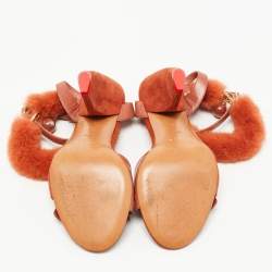 Pre Owned Cèline Orange Leather and Mink Fur Bracelet Peep Toe Sandals Size 38.5