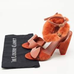 Pre Owned Cèline Orange Leather and Mink Fur Bracelet Peep Toe Sandals Size 38.5