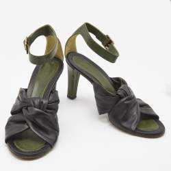 Pre Owned Celine Black/Army Green Leather Twisted Knot Ankle Strap Sandals Size 40
