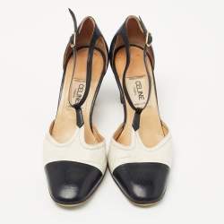Pre Owned Celine Navy Blue/White Leather T-Strap Pumps Size 35.5