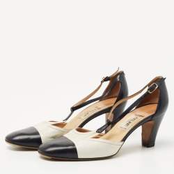 Pre Owned Celine Navy Blue/White Leather T-Strap Pumps Size 35.5