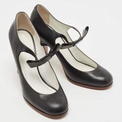 Pre Owned Celine Black Leather Bow Detail Mary Jane Block Heel Pumps Size 40.5