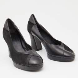 Celine Black Leather and Suede Block Heel Pumps Size 35.5