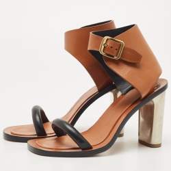 Pre Owned Celine Tan/Black Leather Bam Bam Sandals Size 38.5