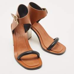Pre Owned Celine Tan/Black Leather Bam Bam Sandals Size 38.5
