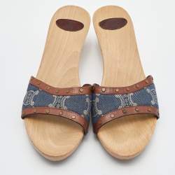 Celine Blue/Tan Macadam Canvas and Leather Studded Slide Sandals Size 39