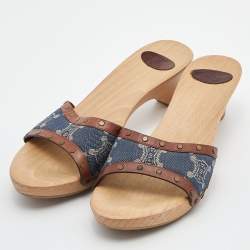 Celine Blue/Tan Macadam Canvas and Leather Studded Slide Sandals Size 39