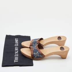 Celine Blue/Tan Macadam Canvas and Leather Studded Slide Sandals Size 39