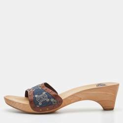 Celine Blue/Tan Macadam Canvas and Leather Studded Slide Sandals Size 39