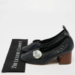 Pre Owned Celine Dark Green Leather Scrunch Ballerina Block Heel Pumps Size 37.5