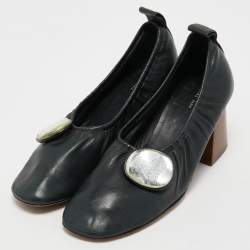 Pre Owned Celine Dark Green Leather Scrunch Ballerina Block Heel Pumps Size 37.5