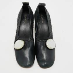 Pre Owned Celine Dark Green Leather Scrunch Ballerina Block Heel Pumps Size 37.5