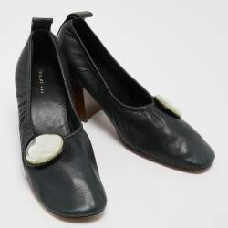 Pre Owned Celine Dark Green Leather Scrunch Ballerina Block Heel Pumps Size 37.5