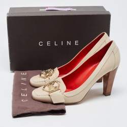 Pre Owned Celine Cream Leather Logo Detail Loafer Pumps Size 39.5