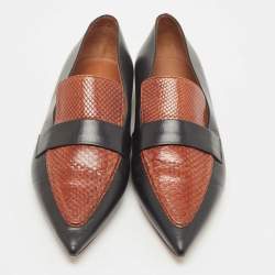 Pre Owned Celine Black/Brown Python Embossed And Leather Slip On Loafers Size 39
