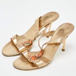 Celine Metallic Gold Leather Koi Fish Embellished Slide Sandals Size 39