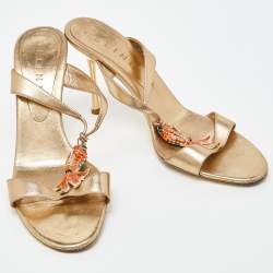 Celine Metallic Gold Leather Koi Fish Embellished Slide Sandals Size 39