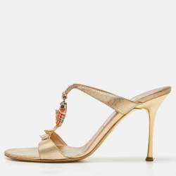 Celine Metallic Gold Leather Koi Fish Embellished Slide Sandals Size 39