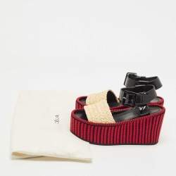 Pre Owned Celine Multicolor Patent and Raffia Wedge Striped Sandals Size 37.5
