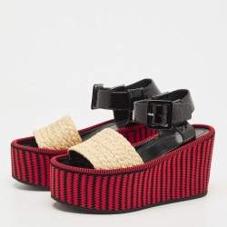 Pre Owned Celine Multicolor Patent and Raffia Wedge Striped Sandals Size 37.5