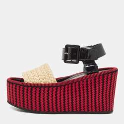 Pre Owned Celine Multicolor Patent and Raffia Wedge Striped Sandals Size 37.5