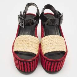 Pre Owned Celine Multicolor Patent and Raffia Wedge Striped Sandals Size 37.5