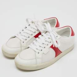 Pre Owned Celine White/Red Leather Colorblock Pattern Low Top Sneakers Size 37