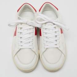 Pre Owned Celine White/Red Leather Colorblock Pattern Low Top Sneakers Size 37