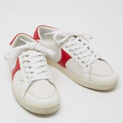 Pre Owned Celine White/Red Leather Colorblock Pattern Low Top Sneakers Size 37