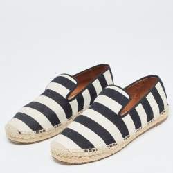 Celine White/Black Striped Canvas Espadrille Flats Size 40