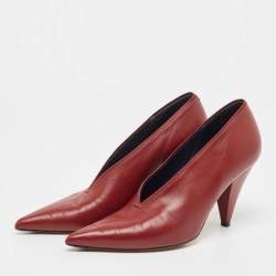 Pre Owned Celine Burgundy Leather V Neck Pointed Toe Pumps Size 37
