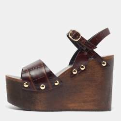 Pre Owned Celine Brown Alligator Wedge Ankle Strap Sandals Size 36
