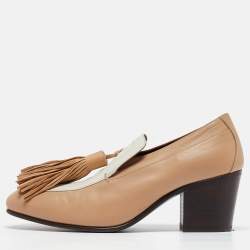 Pre Owned Celine Beige/White Leather Tassel Accents Pumps Size 37