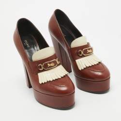 Pre Owned Celine Brown/White Leather Tassel Detail Platform Loafer Pumps Size 38