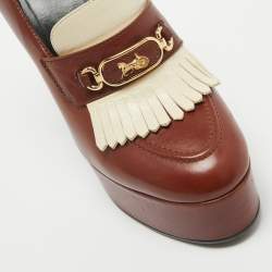Pre Owned Celine Brown/White Leather Tassel Detail Platform Loafer Pumps Size 38