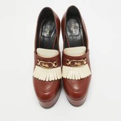 Pre Owned Celine Brown/White Leather Tassel Detail Platform Loafer Pumps Size 38