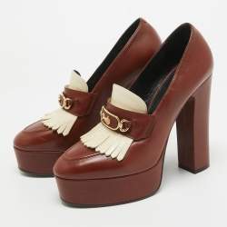 Pre Owned Celine Brown/White Leather Tassel Detail Platform Loafer Pumps Size 38