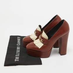 Pre Owned Celine Brown/White Leather Tassel Detail Platform Loafer Pumps Size 38