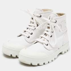 Pre Owned Celine White Canvas Combat Boots Size 36