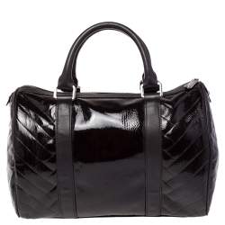 Pre Owned Cerruti 1881 Dark Brown Quilted Patent Leather Boston Bag