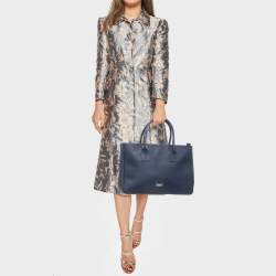 Pre Owned Cerruti Navy Blue Leather Top Zip Tote