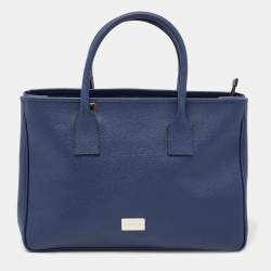 Cerruti Navy Blue Leather Top Zip Tote