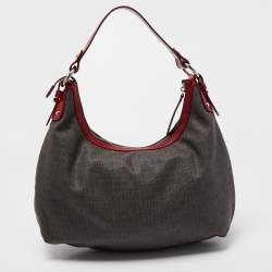 Cerruti Dark Brown/Red Monogram Coated Canvas and Leather Hobo