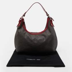 Cerruti Dark Brown/Red Monogram Coated Canvas and Leather Hobo