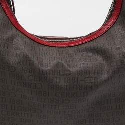 Cerruti Dark Brown/Red Monogram Coated Canvas and Leather Hobo
