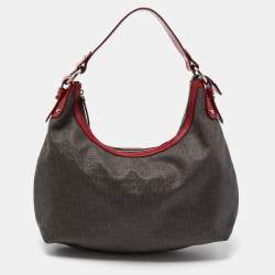 Cerruti Dark Brown/Red Monogram Coated Canvas and Leather Hobo